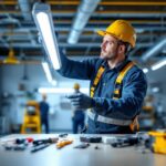 A photograph of a lighting contractor installing a t8 fluorescent tube in a commercial space