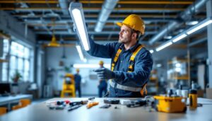 A photograph of a lighting contractor installing a t8 fluorescent tube in a commercial space