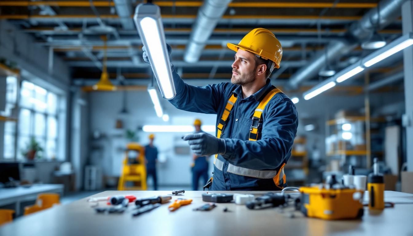 A photograph of a lighting contractor installing a t8 fluorescent tube in a commercial space