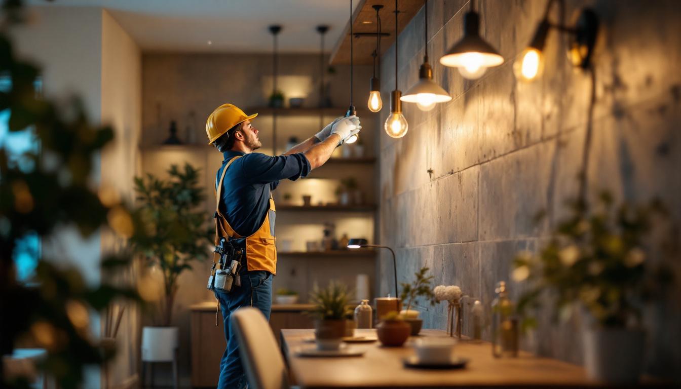 A photograph of a lighting contractor skillfully installing various types of lighting fixtures in a beautifully designed home interior