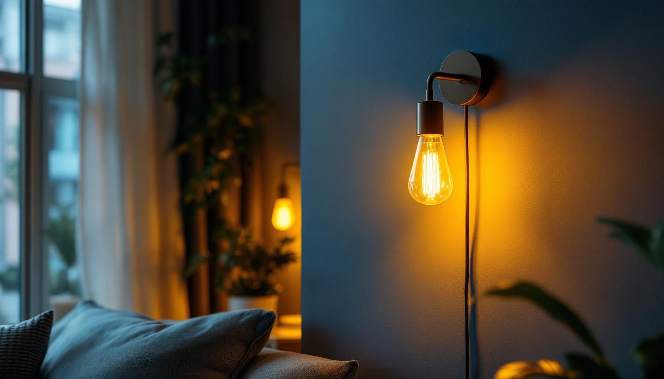 A photograph of a stylish wall lamp with a cord elegantly mounted on a wall
