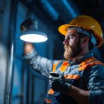 A photograph of a lighting contractor adjusting a modern led fixture on a job site