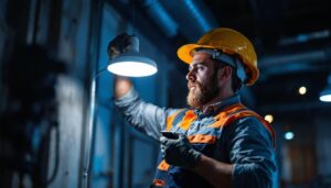 A photograph of a lighting contractor adjusting a modern led fixture on a job site