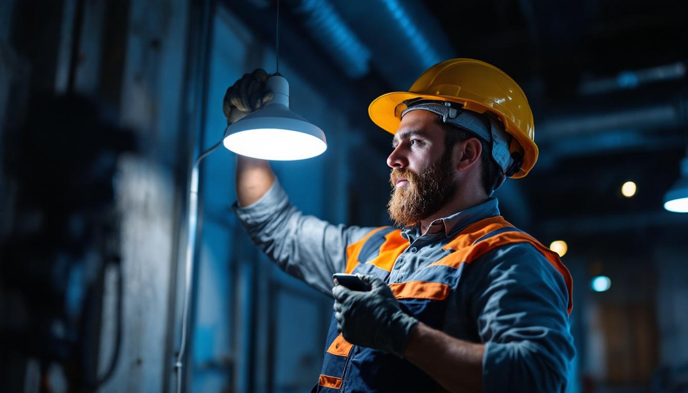 A photograph of a lighting contractor adjusting a modern led fixture on a job site