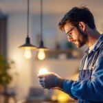 A photograph of a lighting contractor expertly installing eiko led light bulbs in a modern residential setting