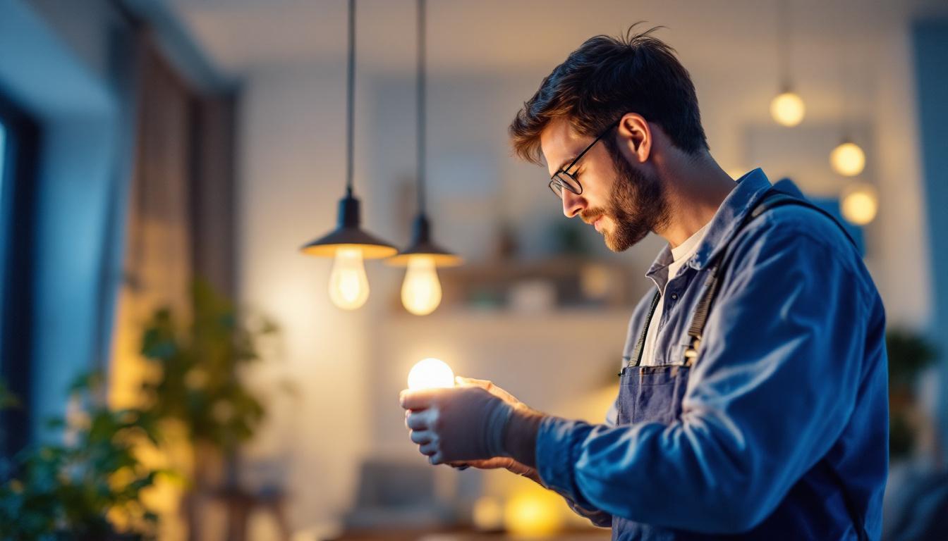 A photograph of a lighting contractor expertly installing eiko led light bulbs in a modern residential setting