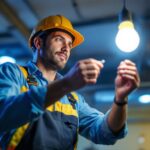 A photograph of a lighting contractor expertly installing mogul base led bulbs in a commercial space