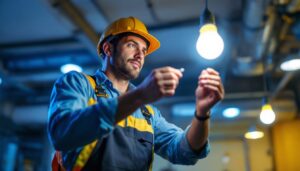 A photograph of a lighting contractor expertly installing mogul base led bulbs in a commercial space