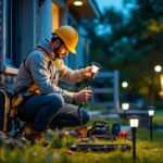 A photograph of a lighting contractor installing solar outdoor sign lights in a well-lit outdoor setting