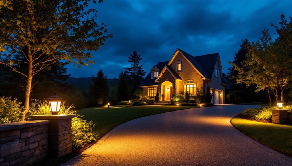 A photograph of a well-lit driveway at dusk