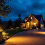 A photograph of a well-lit driveway at dusk