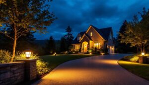 A photograph of a well-lit driveway at dusk
