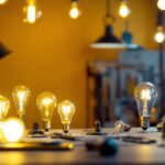 A photograph of a well-lit workspace featuring a variety of series light bulbs in different styles and wattages