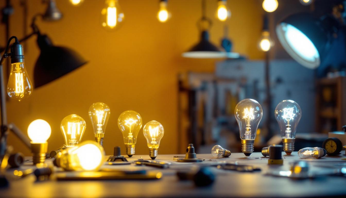 A photograph of a well-lit workspace featuring a variety of series light bulbs in different styles and wattages