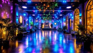 A photograph of a vibrant and well-lit indoor or outdoor space showcasing the versatility and ambiance created by 130 ft led lights