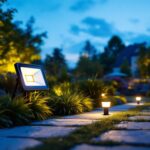 A photograph of a solar-powered flood light illuminating a beautifully landscaped outdoor space at dusk
