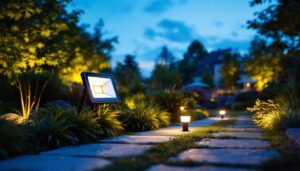 A photograph of a solar-powered flood light illuminating a beautifully landscaped outdoor space at dusk