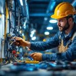 A photograph of a lighting contractor skillfully working on a ballast wiring installation