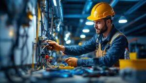A photograph of a lighting contractor skillfully working on a ballast wiring installation