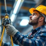 A photograph of a lighting contractor in action