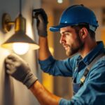 A photograph of a skilled lighting contractor in action