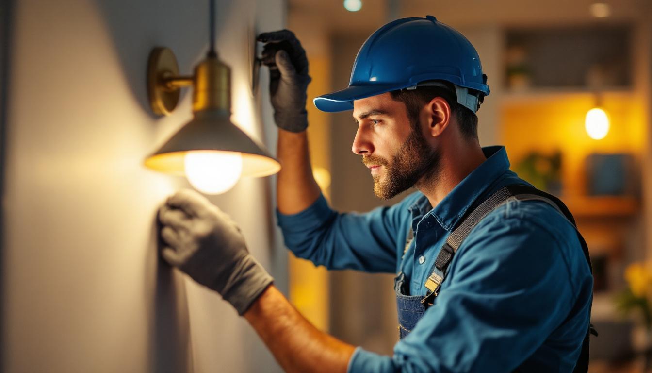 A photograph of a skilled lighting contractor in action