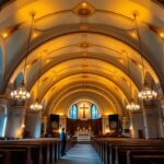 A photograph of a well-lit church interior showcasing elegant ceiling lights