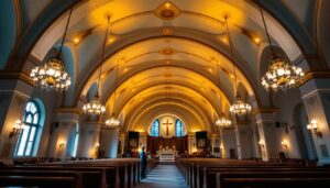 A photograph of a well-lit church interior showcasing elegant ceiling lights