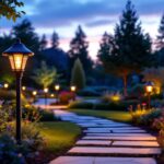 A photograph of a beautifully landscaped yard at dusk