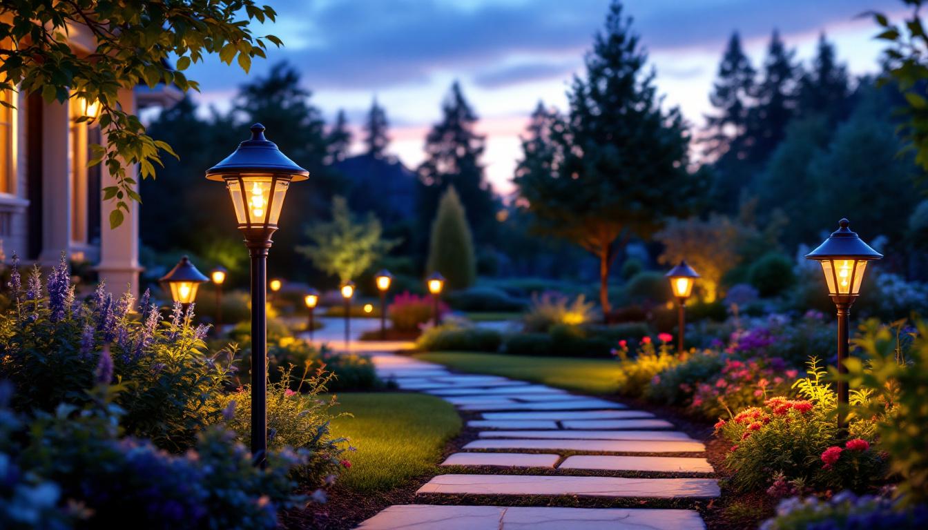 A photograph of a beautifully landscaped yard at dusk