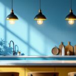 A photograph of a beautifully designed kitchen or dining area featuring stylish hanging counter lights