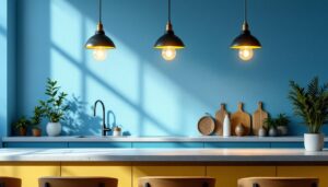 A photograph of a beautifully designed kitchen or dining area featuring stylish hanging counter lights