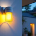 A photograph of a beautifully designed wall mount exterior light fixture installed on a modern home
