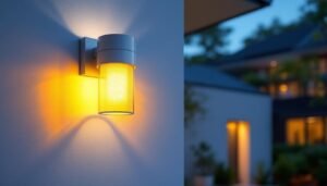 A photograph of a beautifully designed wall mount exterior light fixture installed on a modern home
