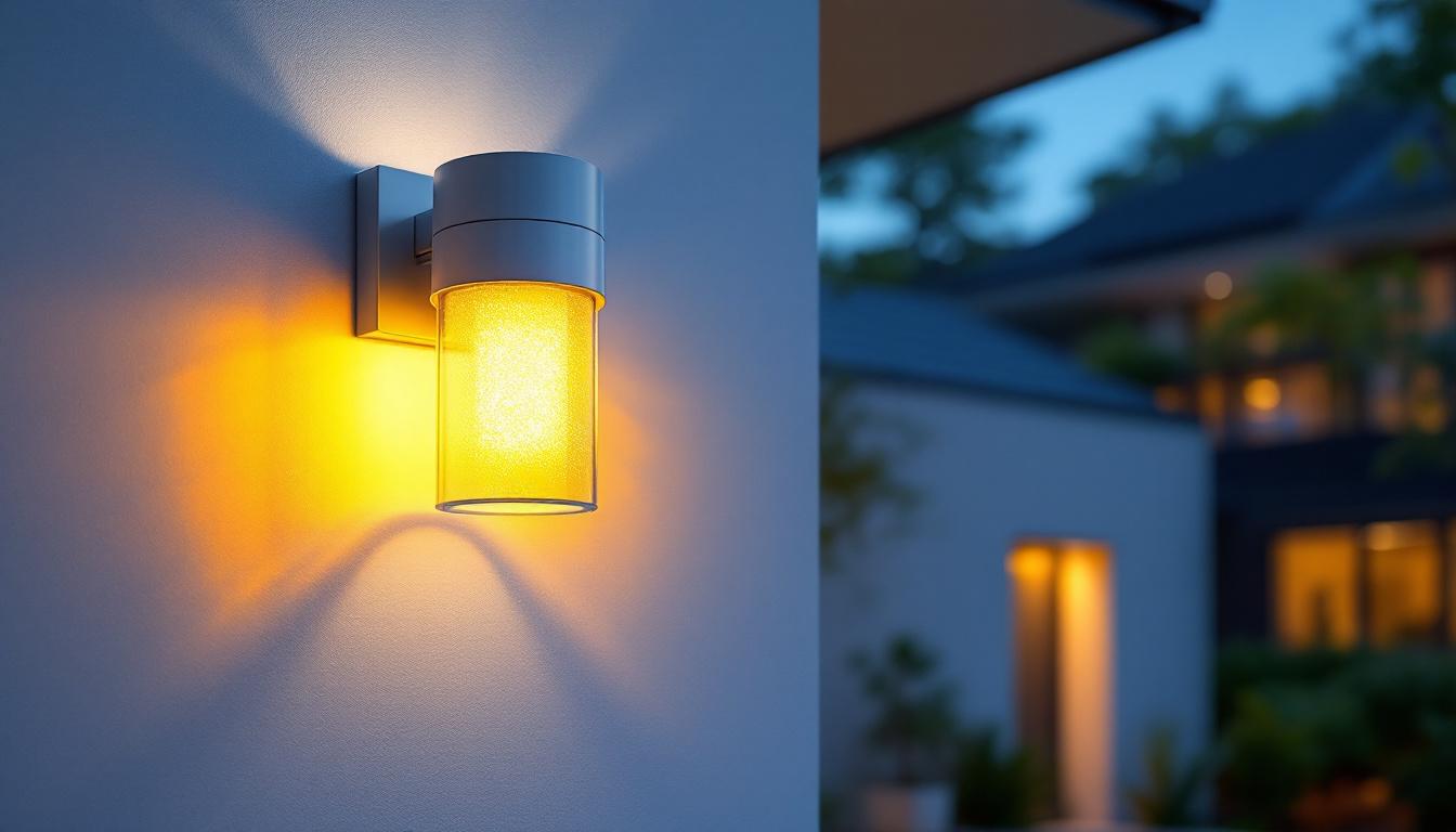 A photograph of a beautifully designed wall mount exterior light fixture installed on a modern home