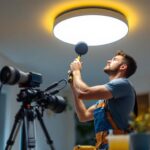 A photograph of a lighting contractor installing a sleek surface ceiling light in a modern home setting