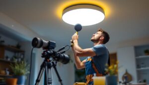 A photograph of a lighting contractor installing a sleek surface ceiling light in a modern home setting