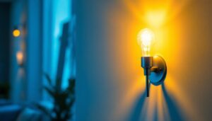 A photograph of a beautifully designed bright wall sconce in a stylish interior setting