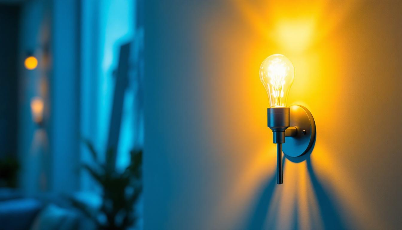 A photograph of a beautifully designed bright wall sconce in a stylish interior setting