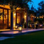 A photograph of a beautifully illuminated outdoor space featuring high-end lighting fixtures