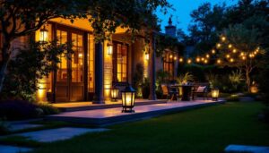 A photograph of a beautifully illuminated outdoor space featuring high-end lighting fixtures