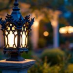 A photograph of a beautifully designed gothic post cap illuminated by soft lighting