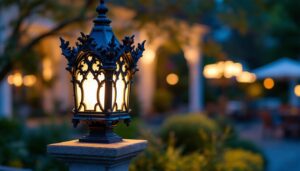 A photograph of a beautifully designed gothic post cap illuminated by soft lighting