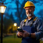 A photograph of a lighting contractor showcasing a beautifully illuminated outdoor space featuring post lamps