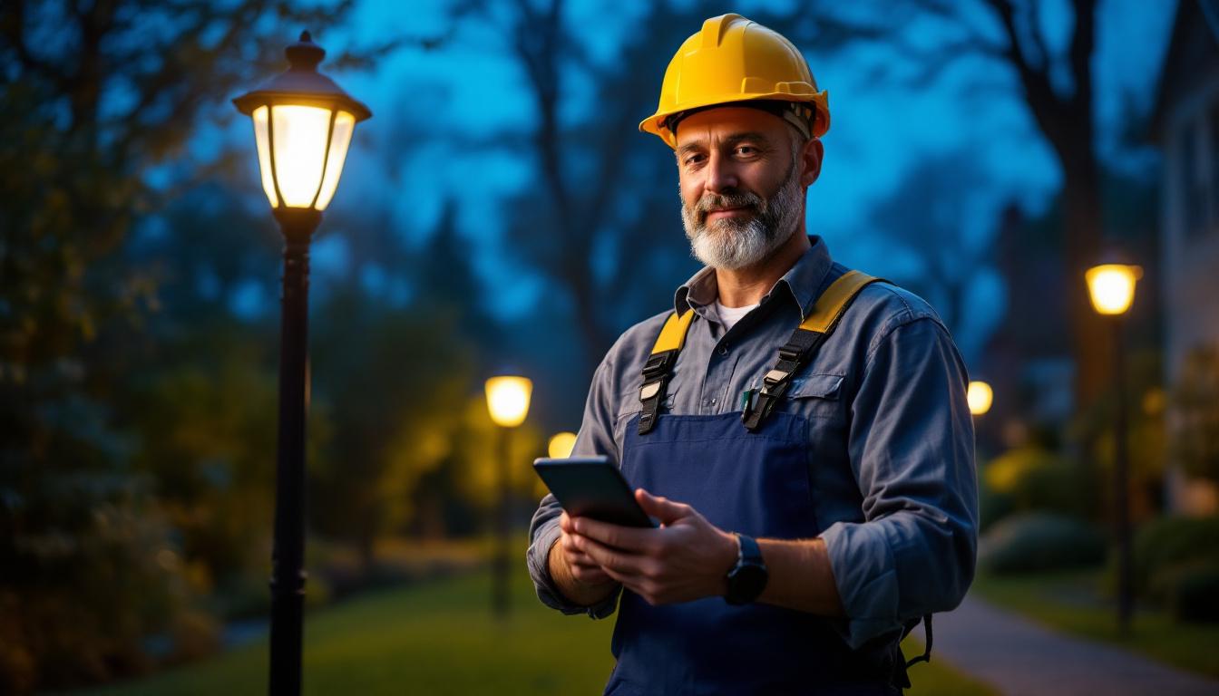 A photograph of a lighting contractor showcasing a beautifully illuminated outdoor space featuring post lamps