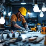 A photograph of a lighting contractor in action