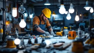 A photograph of a lighting contractor in action
