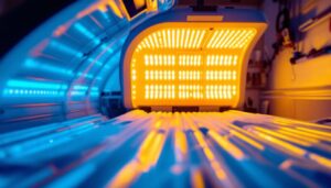 A photograph of a well-lit tanning bed with vibrant