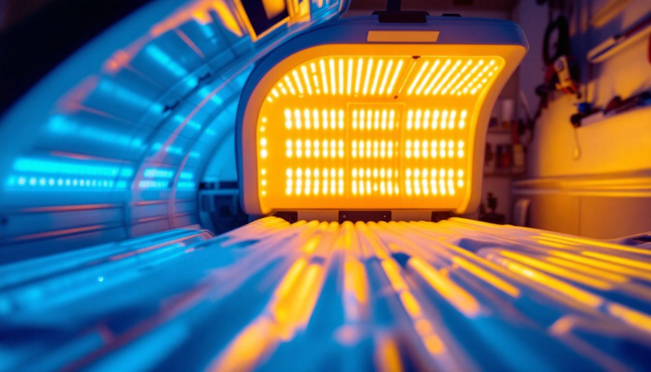 A photograph of a well-lit tanning bed with vibrant