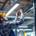 A photograph of a skilled lighting contractor expertly installing or adjusting t bar led fixtures in a modern commercial space